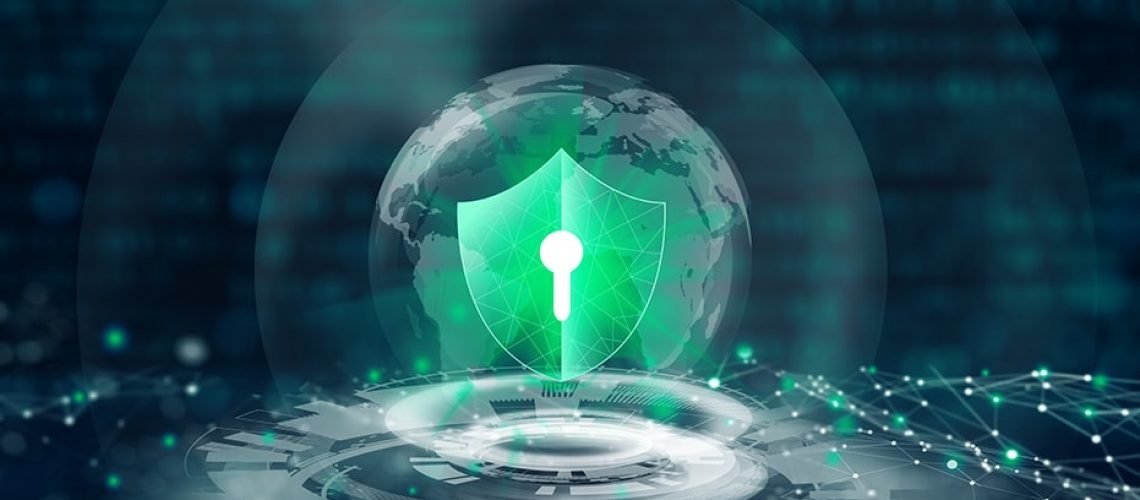 Data protection Cyber Security Privacy. Shield with Keyhole icon in global business internet technology with abstract blue background. Information Privacy Protection Concept. 3D Rendering.